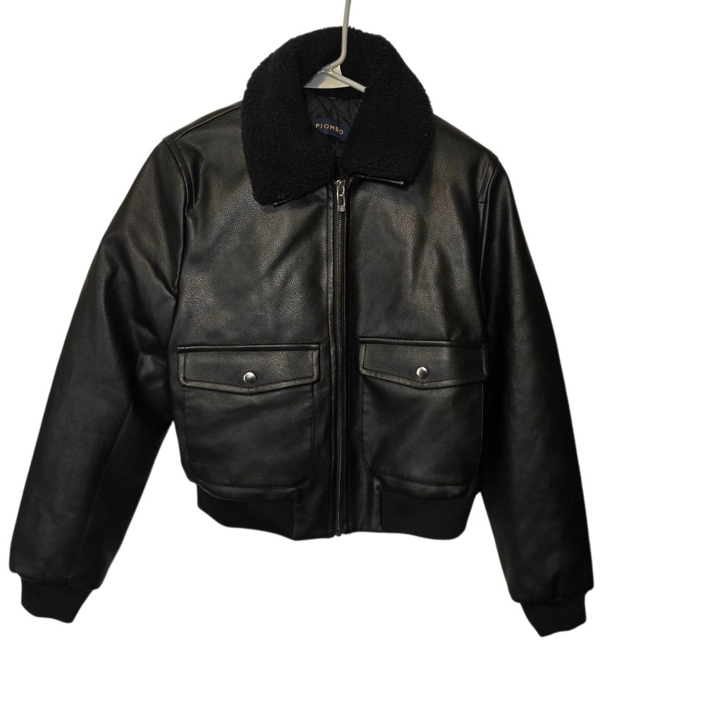 PIOMBO Womens Faux Leather Black Bomber Jacket Detachable Collar NWT XS
